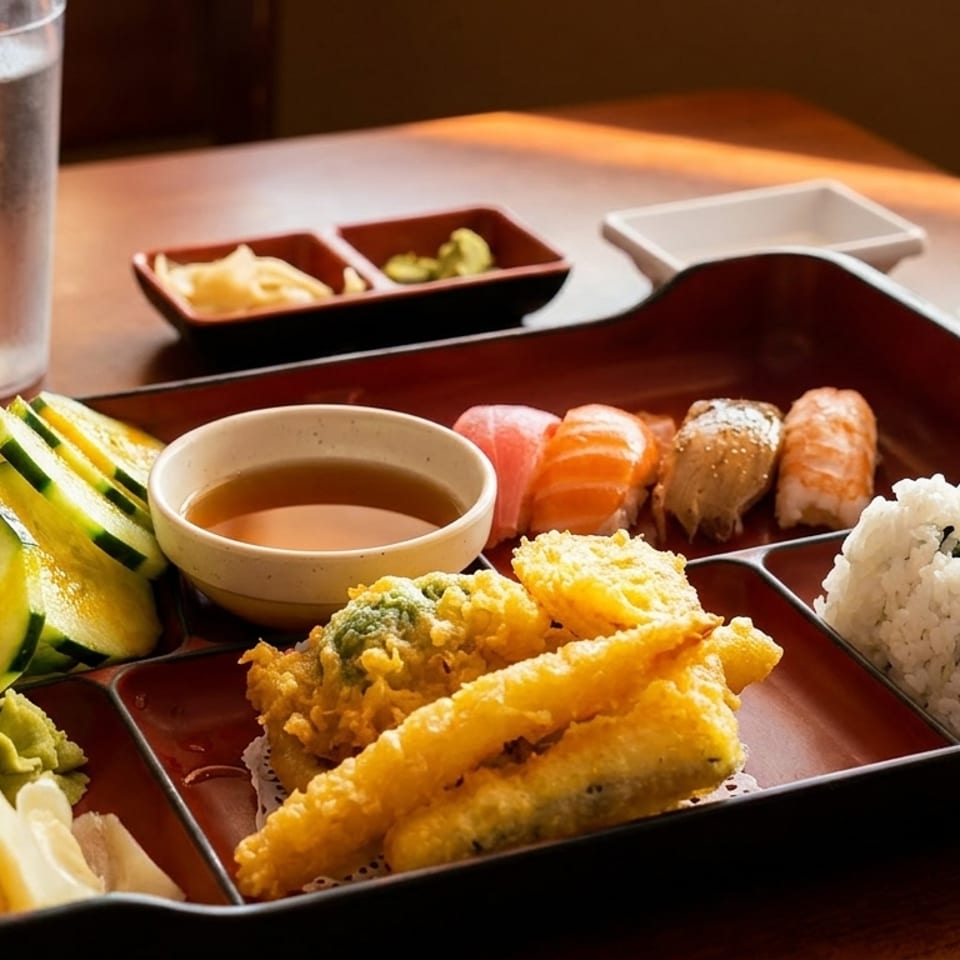 Japanese bento box with sushi, tempura, salad, and rice