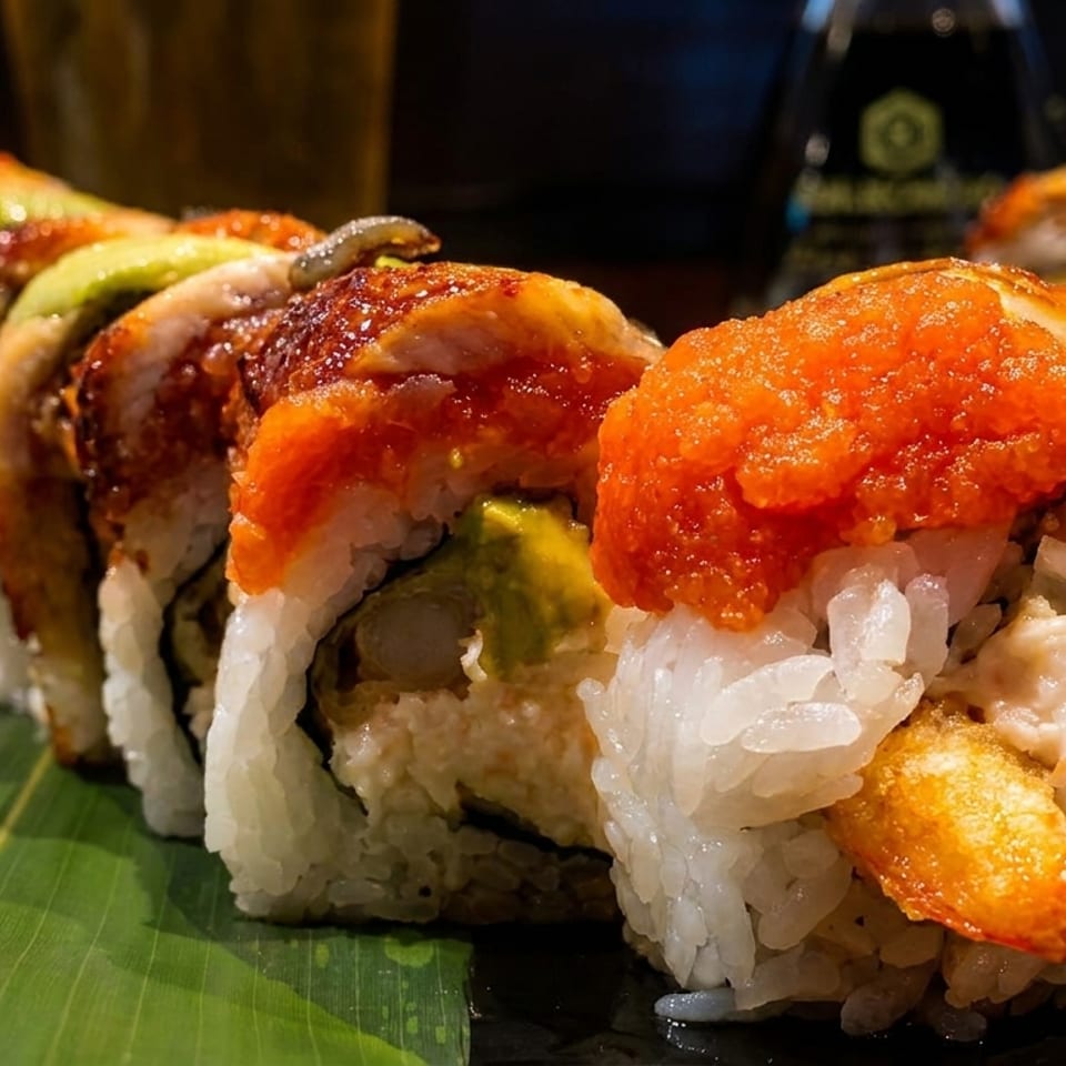 Shrimp tempura sushi roll with avocado and orange roe at Oishii Sushi Moreno Valley