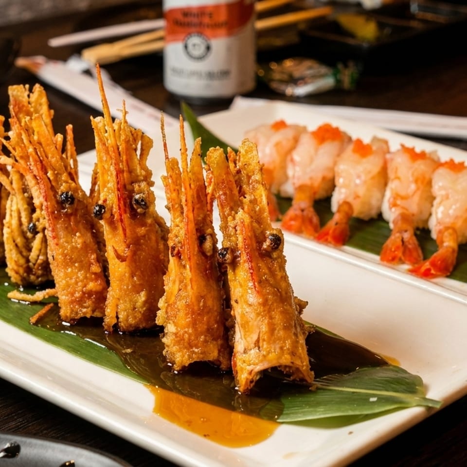 Crispy fried shrimp heads and shrimp nigiri with tobiko at Oishii