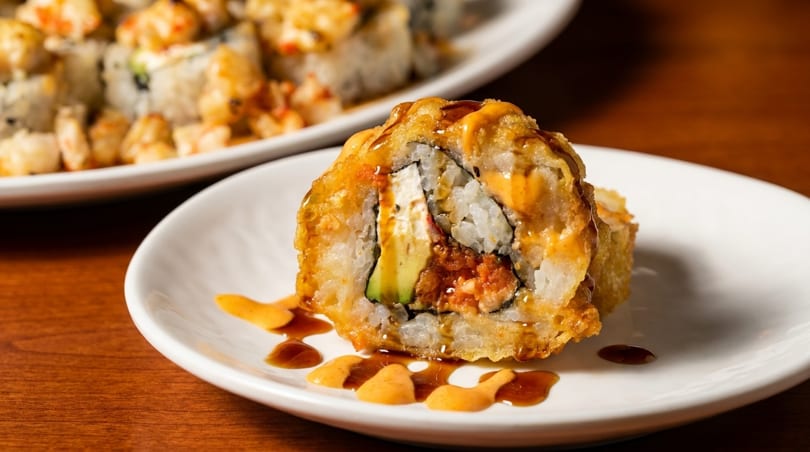 A single fried sushi roll with avocado and cream cheese, drizzled with sauces on a white plate.
