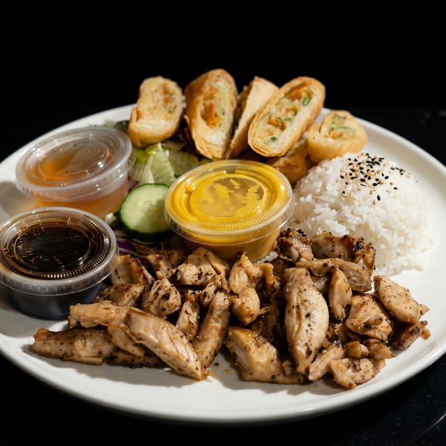 119. Chicken & Egg Roll Teriyaki Plate.